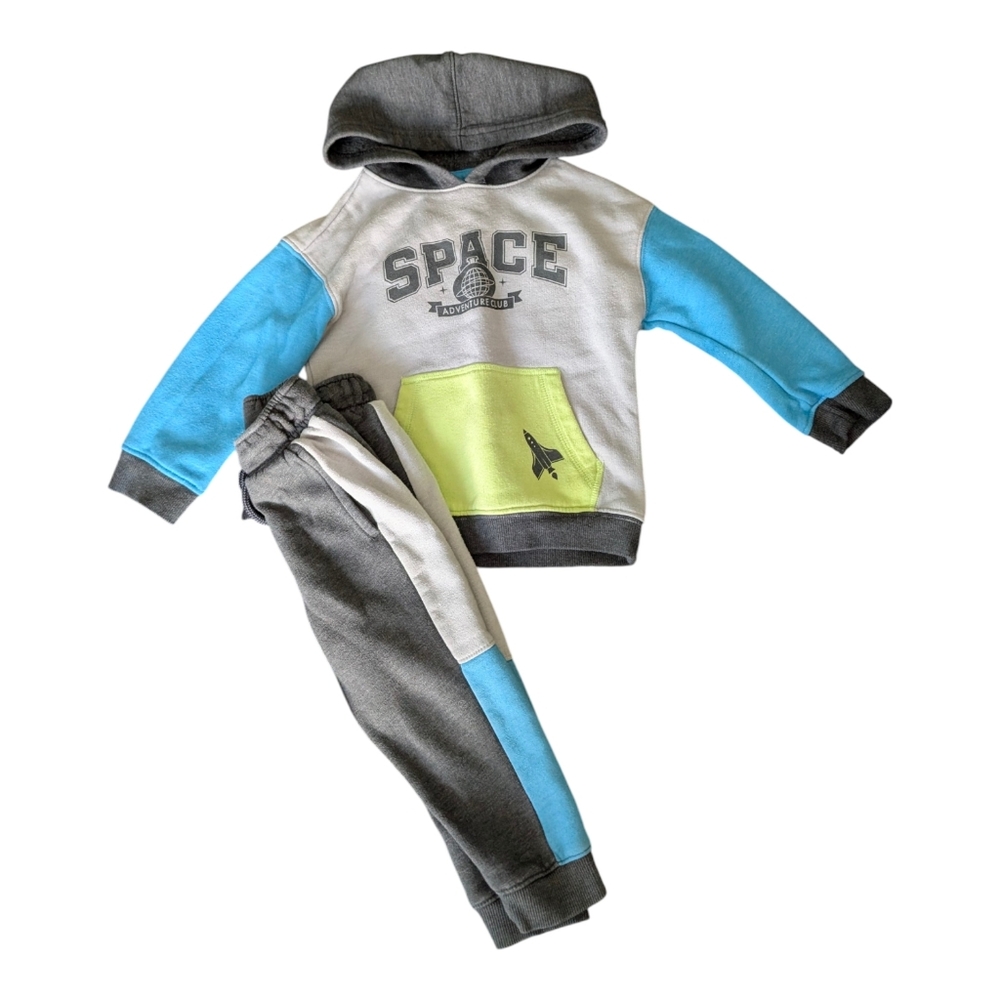 Space Adventure Hoodie & Joggers Set - Gray, Blue, Lime | Size: 2T